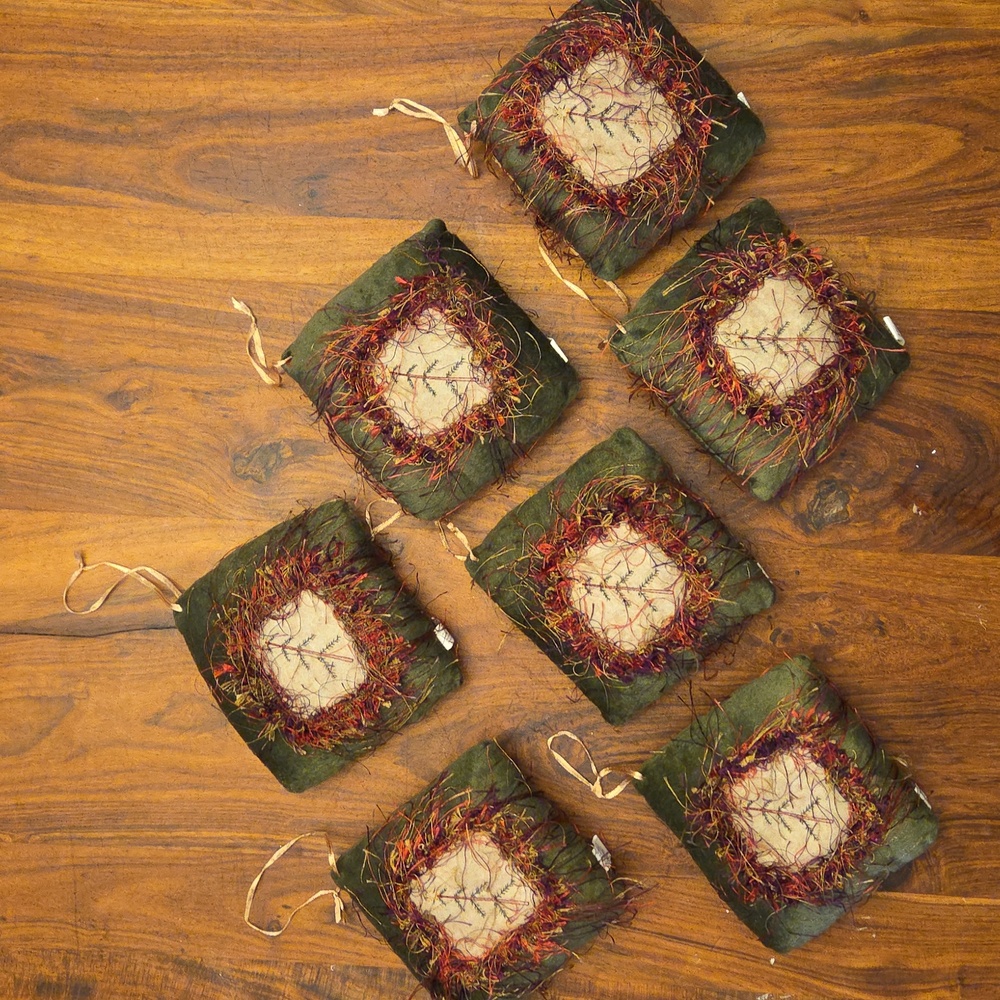 Vintage Plush Square Christmas Tree Ornaments, Lot Of 7